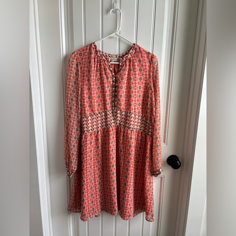 Geometric Floral Long Sleeve Pink Dress